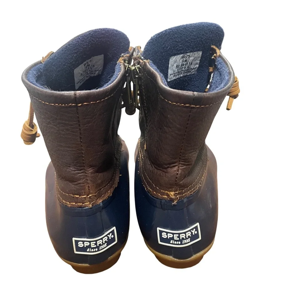 Sperry Saltwater Women Navy Brown Waterproof Rubber Leather Duck Boots 6M